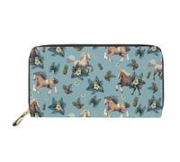 COEQINE Portefeuille portable en cuir synthétique pour femme, couverture souple, portefeuille long à thème tendance avec fermeture éclair, Blue Horse Boho Floral Ananas