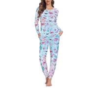COEQINE Pyjama d'Halloween pour femme, grande taille, XS-6XL, ensemble de pyjama à manches longues, haut et pantalon long avec poche, Little Blue Witch Skull Kiss, 4XL