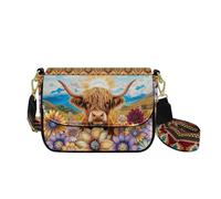 COEQINE Sac à bandoulière en cuir marron pour femme, sac à main fourre-tout, sac à main de voyage, sac à main décontracté, pochette à fermeture éclair, Vache des Highlands Boho Floral