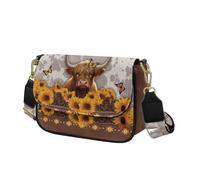 COEQINE Sac à bandoulière floral pour femme en cuir avec sangle et fermeture éclair, Vache des Highlands Tournesol Marron