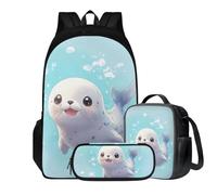 COEQINE Sac à dos 3 en 1 pour enfants pour écolière, sac à livres 3ème Garde, trousse à crayons Inculted, Sceau de dessin animé animal bleu