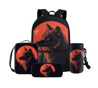COEQINE Sac à dos 4 en 1 loup pour filles de 4, 6, 8, 10, 12 ans, sac d'école primaire, boîte à déjeuner, boîte à crayons, porte-bouteille, sangle, Red Moon Wolf Cool
