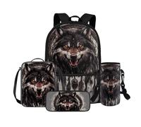 COEQINE Sac à dos 4 en 1 loup pour filles de 4, 6, 8, 10, 12 ans, sac d'école primaire, boîte à déjeuner, boîte à crayons, porte-bouteille, sangle, Attrape-rêves loup cool