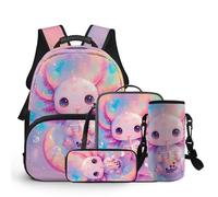 COEQINE Sac à dos 4 en 1 pour filles de 4, 6, 8, 10, 12 ans, sac d'école primaire, boîte à déjeuner, boîte à crayons, porte-bouteille, sangle, Lait Boba Axolotl Rose
