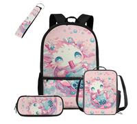 COEQINE Sac à dos 4 pièces avec boîte à déjeuner pour enfants - Sac à dos pour ordinateur portable - Sac à livres pour l'école avec trousse à crayons et porte-clés portable, Axolotl Pink Boba Milk Tea