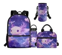 COEQINE Sac à dos 4 pièces pour filles avec boîte à déjeuner et sangle pour bouteille d'eau, sac à livres léger pour filles de 4 à 6 ans, Axolotl Cartoon Purple Space