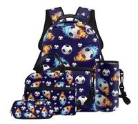 COEQINE Sac à dos 4 pièces pour garçons avec pochette pour bouteille d'eau, sac à dos pour enfants avec boîte à déjeuner, sac d'école pour garçons de 6, 8, 10 ans, Ballons de football bleus