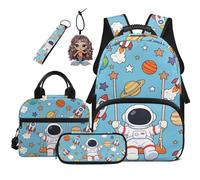 COEQINE Sac à dos 5 en 1 avec boîte à déjeuner de 44 cm pour tout-petit, sac à livres, trousse, trousse, porte-clés, sacs à main pour ordinateur portable, Astronaute Bleu spatial