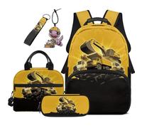 COEQINE Sac à dos 5 pièces pour enfants garçons avec boîte à déjeuner de 44 cm, sac d'école pour garçons de 4 à 6 ans, trousse à crayons spacieuse et porte-clés, Excavatrice jaune