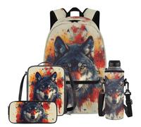 COEQINE Sac à dos cool pour garçons de 4 à 7, 8 et 10 ans, sac de voyage léger pour garçons avec boîte à déjeuner et pochette pour bouteille d'eau, Aquarelle Loup