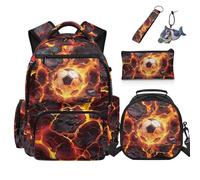 COEQINE Sac à dos de sport pour garçons de 8 à 12 ans avec boîte à déjeuner, sac d'école primaire, trousse à crayons, trousse, porte-clés, Flamme rouge feu de football, M, Décontracté