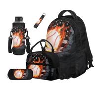 COEQINE Sac à dos de sport pour garçons de 8 à 12 ans avec porte-bouteille d'eau, trousse à crayons et porte-clés pour l'école secondaire, Drapeau noir Fire Baseball