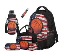 COEQINE Sac à dos de sport pour garçons de 8 à 12 ans avec porte-bouteille d'eau, trousse à crayons et porte-clés pour l'école secondaire, Ballon de basketball avec drapeau des États-Unis