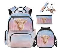 COEQINE Sac à dos d'école 5 pièces avec boîte à déjeuner pour filles et enfants avec trousses, porte-clés, sac à livres pour l'école primaire, Vache des Highlands Pastel, M, Créateur