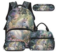 COEQINE Sac à dos d'école avec sac à déjeuner, sac à livres pour filles de 6 à 16 ans, grande trousse à crayons pour école primaire et collège 4 pièces, Art Forest Cheval blanc