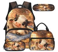 COEQINE Sac à dos d'école avec sac à déjeuner, sac à livres pour filles de 6 à 16 ans, grande trousse à crayons pour école primaire et collège 4 pièces, Vache mignonne animal de la ferme