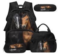 COEQINE Sac à dos d'école avec sac à déjeuner, sac à livres pour filles de 6 à 16 ans, grande trousse à crayons pour école primaire et collège 4 pièces, Amis du cheval noir