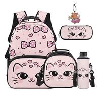 COEQINE Sac à dos d'école pour enfants avec sac à déjeuner pour 4 à 12 ans, trousse à crayons, porte-clés, pochette pour bouteille d'eau, sac à dos de voyage, Chat rose nœud cœur