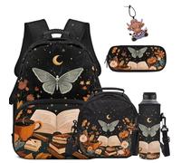 COEQINE Sac à dos d'école pour enfants de 4 à 12 ans avec boîte à déjeuner, porte-bouteille d'eau, trousse à stylos pour voyage, Papillon Night Book Moth