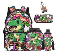 COEQINE Sac à dos d'école pour enfants de 4 à 12 ans avec boîte à déjeuner, porte-bouteille d'eau, trousse à stylos pour voyage, Dinosaure Skateboard Cartoon
