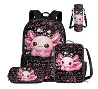 COEQINE Sac à dos d'école pour filles 4 pièces avec boîte à déjeuner et trousse à crayons pour adolescentes, sac à livres pour ordinateur portable, Axolotl Black Math Pink, M, Créateur