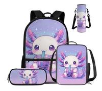 COEQINE Sac à dos d'école pour filles 4 pièces avec boîte à déjeuner et trousse à crayons pour adolescentes, sac à livres pour ordinateur portable, Axolotl Soft Purple Boba Galaxy, M, Créateur