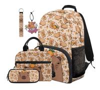 COEQINE Sac à dos d'école pour filles 6-8-10-12 ans avec boîte à déjeuner et grande trousse à crayons, porte-clés, sac à livres pour ordinateur portable pour primaire 5 pièces, Capybara Marron Orange