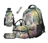 COEQINE Sac à dos d'école pour filles avec boîte à déjeuner, poche pour bouteille d'eau, trousse à stylos et porte-clés pour élèves du primaire, Dream Horse Vintage Floral