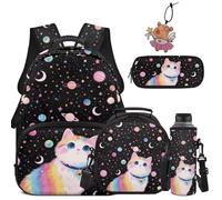 COEQINE Sac à dos d'école pour filles de 4 à 16 ans, boîte à déjeuner, poche pour bouteille d'eau, trousse à crayons, ensemble de 5 pièces pour ordinateur portable élémentaire, Chat étoile arc-en-ciel