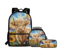 COEQINE Sac à dos dessin animé pour écolières avec boîte à déjeuner mignon sac à livres pour école primaire 1re 2e 3e 4e 5e année, Dessin animé Vache Highland Tournesol
