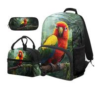 COEQINE Sac à dos élémentaire pour garçons de 4 à 6 ans avec boîte à déjeuner et boîte à crayons de 1ère année, Perroquet mignon