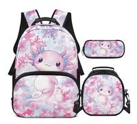 COEQINE Sac à dos et boîte à déjeuner pour filles et tout-petits, ensemble de 3 pièces, Rose Axolotl Animal Floral
