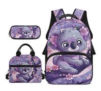 COEQINE Sac à dos Kawaii pour filles de 8 à 12 ans - Joli sac à livres pour enfants - Boîte à crayons - Sac d'école avec sac à déjeuner - 3 pièces, Koala Violet Animal Floral