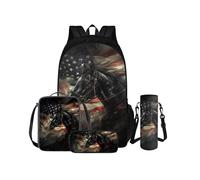 COEQINE Sac à dos motif cheval noir pour enfants, garçons, sac à livres et boîte à déjeuner pour garçons de 6 à 8 ans, sac d'école léger pour enfants, porte-bouteille d'eau, Drapeau Américain Cheval