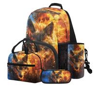 COEQINE Sac à dos noir 4 pièces pour garçons avec boîte à déjeuner pour enfants de 6 à 8 ans, sac à dos loup pour garçons garçons école primaire cadeaux de rentrée scolaire, Cool Fire Animal Wolf
