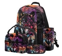 COEQINE Sac à dos noir 4 pièces pour garçons avec boîte à déjeuner pour enfants de 6 à 8 ans, sac à dos loup pour garçons garçons école primaire cadeaux de rentrée scolaire, Arbre loup arc-en-ciel