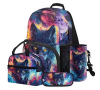 COEQINE Sac à dos noir 4 pièces pour garçons avec boîte à déjeuner pour enfants de 6 à 8 ans, sac à dos loup pour garçons garçons école primaire cadeaux de rentrée scolaire, Espace Loup Bleu Rose