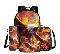 COEQINE Sac à dos pour filles et garçons avec boîte à déjeuner, sac à livres 4 pièces avec trousse à crayons et pochette pour bouteille d'eau, Aigle Noir Orange Flamme Ciel, M, Décontracté
