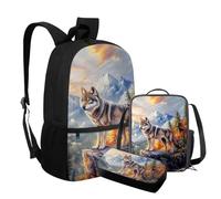 COEQINE Sac à dos pour garçons avec boîte à déjeuner 3 pièces, cartable de 1ère année pour garçons de 43,2 cm, cadeau de rentrée scolaire de 5 à 7 ans, Cool Wolves Wild
