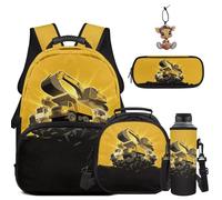 COEQINE Sac à dos pour garçons de 8 à 12 ans, sacs d'école pour enfants de 4 à 12 ans avec trousse à crayons, porte-clés, porte-bouteille d'eau, sac à livres, Excavatrice Jaune