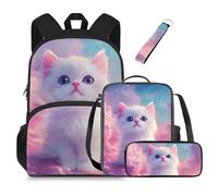 COEQINE Sac à dos pour petite fille avec boîte à déjeuner, sac à livres préscolaire pour enfants de 4 à 6 ans, 8 à 10 ans, grand pot à crayons 3 pièces, Adorable chat rose.