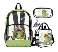 COEQINE Sac à dos transparent 4 en 1 pour garçons pour l'école, sac à livres, boîte à déjeuner, porte-clés en cuir, Dino Splash Vert