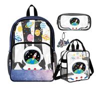 COEQINE Sac à dos transparent 4 en 1 pour garçons pour l'école, sac à livres, boîte à déjeuner, porte-clés en cuir, Astronaute Planet Violet