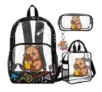 COEQINE Sac à dos transparent pour filles avec sac à déjeuner, sac à livres robuste avec trousse à crayons et porte-clés 4 pièces, Capybara Lecture Mathématiques Noires