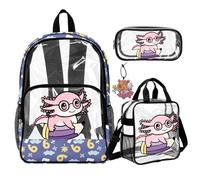 COEQINE Sac à dos transparent pour filles avec sac à déjeuner, sac à livres robuste avec trousse à crayons et porte-clés 4 pièces, Axolotl Math Violet