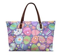 COEQINE Sac à main en cuir pour femme - Grand sac à main vintage pour femme - Sac fourre-tout de voyage à bandoulière, Oeufs multicolores violets floraux, Large