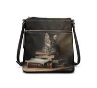 COEQINE Sac à main en cuir pour femme - Grand sac fourre-tout - Sac à bandoulière en cuir, Livre de chat vintage