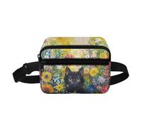 COEQINE Sac banane mignon de dessin animé, rose tendance, sac banane imperméable réglable pour la course à pied, la randonnée, le cyclisme, Chat noir mignon floral coloré, Sac à dos enfant