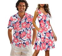 COEQINE Tenues assorties pour les couples - Robe bohème à motif floral rose et bleu pour femmes - Chemises à manches courtes et col en V - Tailles S à 5XL