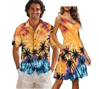 COEQINE Tenues hawaïennes assorties pour couples, chemise et robe bleu orange palmier tie-dye chemises amusantes pour couple pour lui/elle, S-5XL